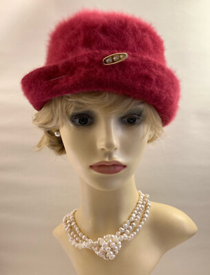Vintage 60\'s Kangol Designs England Womens Fuzzy Angora Fedora Hat Red 22\
