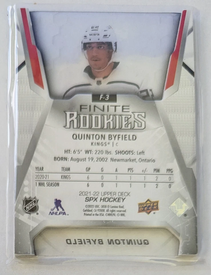 2021-22 Spx Finite Rookies Gold 218/299 F-3 Quinton Byfield Los Angeles Kings - Image 2 of 2