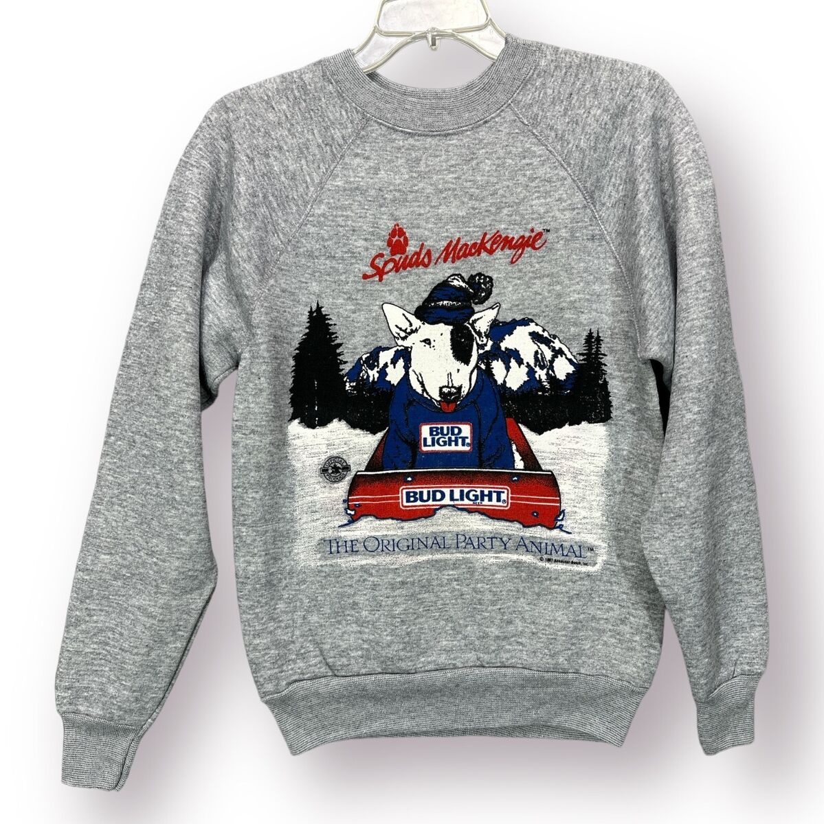 トップス 80s BUD LIGHT SPUDS MACKENZIE SWEAT Vintage 1987 Bud Light Spuds Mackenzie Grey Crewneck Raglan