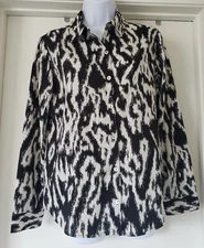 Chico's Blouse Shirt Black Ivory Button Front Polyester Small Soft Silky Size 0