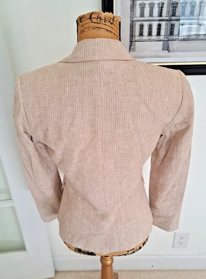 Chaqueta Blazer Isabella Demarco Mujer 2 Mezcla de Lino Rayas Bronceado Carrera Negocios Foto 2 de 4