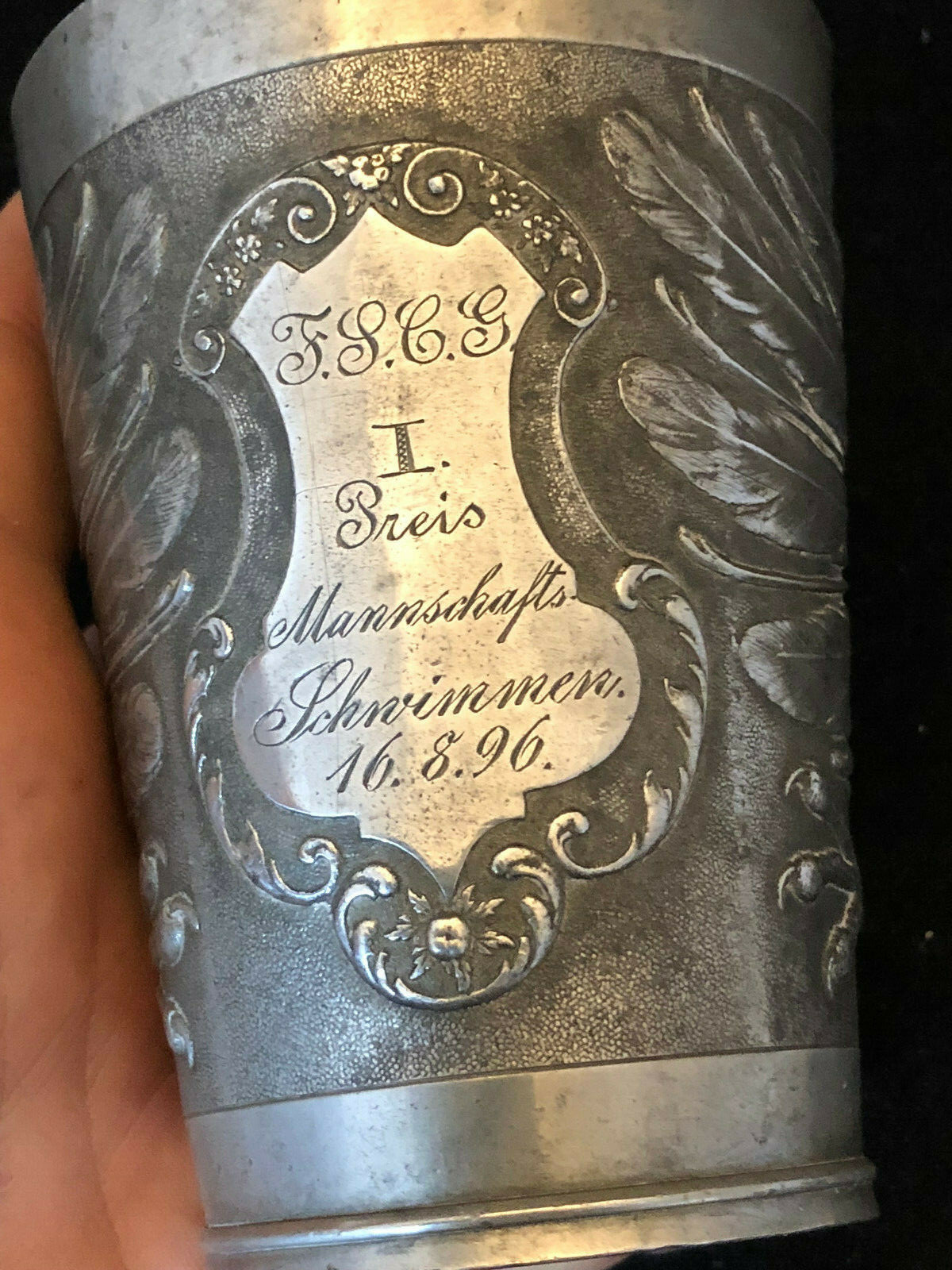 Vaso Metálico Trofeo Estaño Alemana XIX Siglo 1er Premio Antigua Cup Alemán 19th