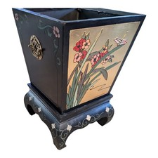 Vintage Chinese Black & Gold Lacquered Wood Box Planter Jardiniere 3 Pieces