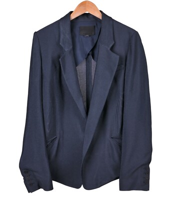 Alexander Wang Indigo Blue Woven Viscose Open Front Lapel Blazer Jacket Coat 4