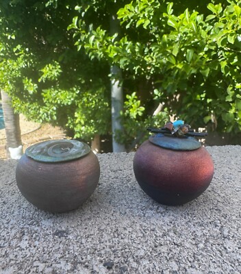 Jeremy Diller Raku Pottery Iridescent Miniature Dream Catcher and Jar Set of 2
