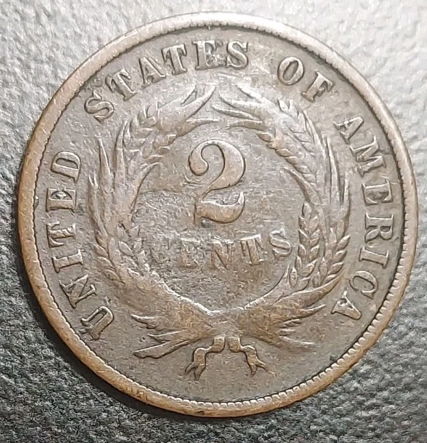 1868 US Two Cent 2c Piece 2 Cents Shield Motto Post Civil War Historical Coin - Image 4 of 4