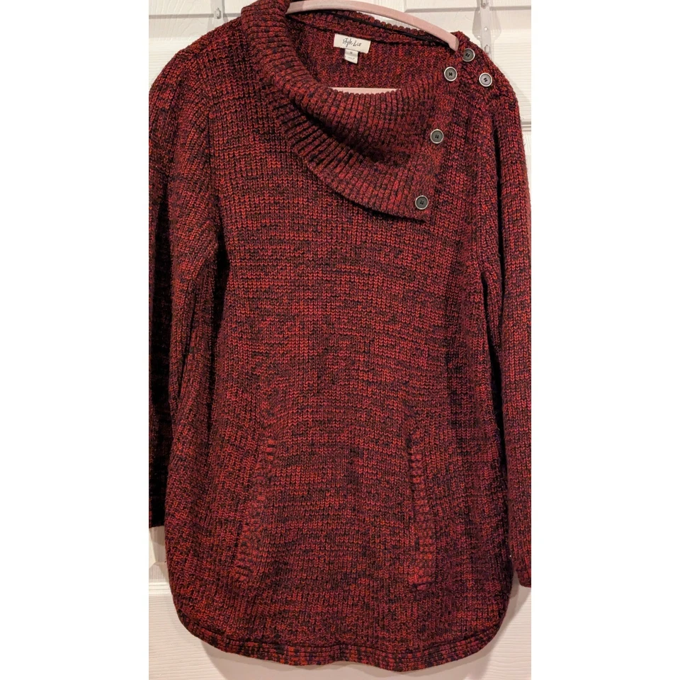 Style & Co Womens Pullover Sweater 1X Red Black Button Cowl Neck Long Sleeve - Image 2 of 4