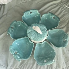 Vintage Hoenig Belmar of California ~ Turquoise & White  ~ Apple Snack / Dip Set
