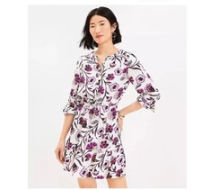 LOFT Floral Tunic Dress Women’s M White Purple Print 3/4 Roll Tab Sleeve $89.95