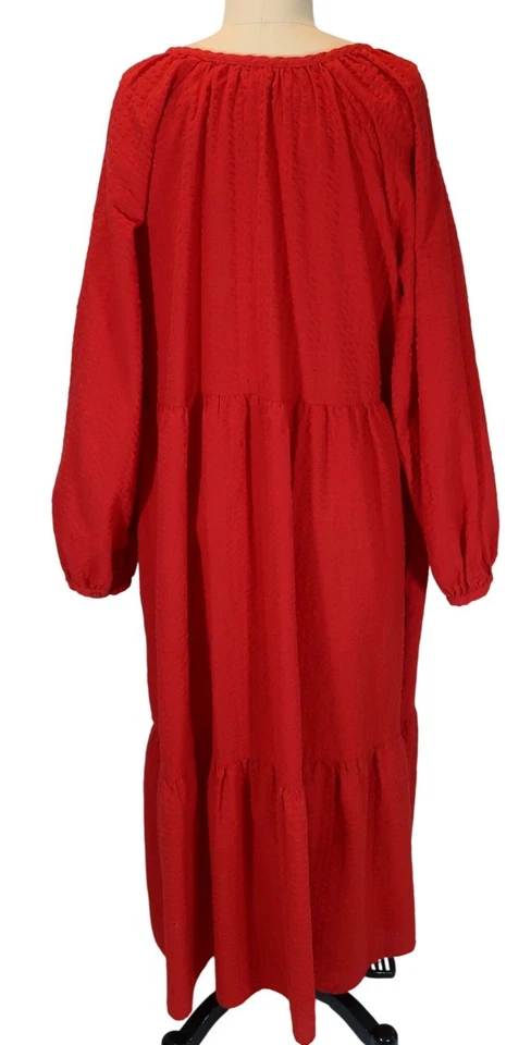 OLD NAVY Long Sleeve Tiered Maxi Dress 2X. Red Modest Textured Boho Peasant - Image 3 of 4
