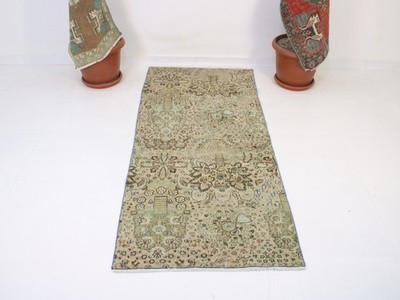Vintage Turkish Accent Rug 2.6x5.9 ft Green Black Handwoven Wool Rug