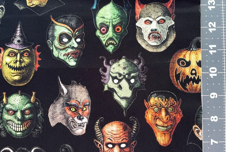 QT Fabric Cotton CREEPSVILLE Black - Monster Heads Pumpkin Witch Dracula Skull - Image 2 of 4