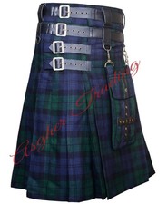 Handmade Black Watch Tartan Kilt, Scottish Utility Kilt with Detachable Pocket