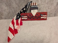 Patriotic Uncle Sam Welcome Sign w/ American Flag Cloth Rustic Wood 14.5"