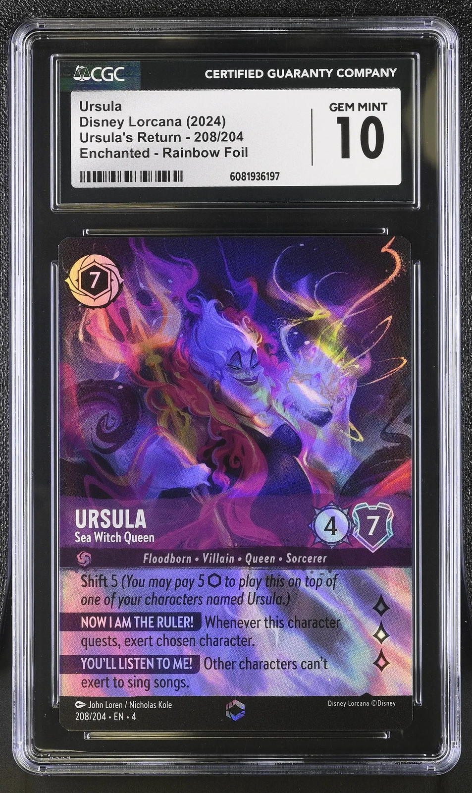 2024 Disney Lorcana Ursula #208/204 Sea Witch Queen Rainbow Foil CGC 10