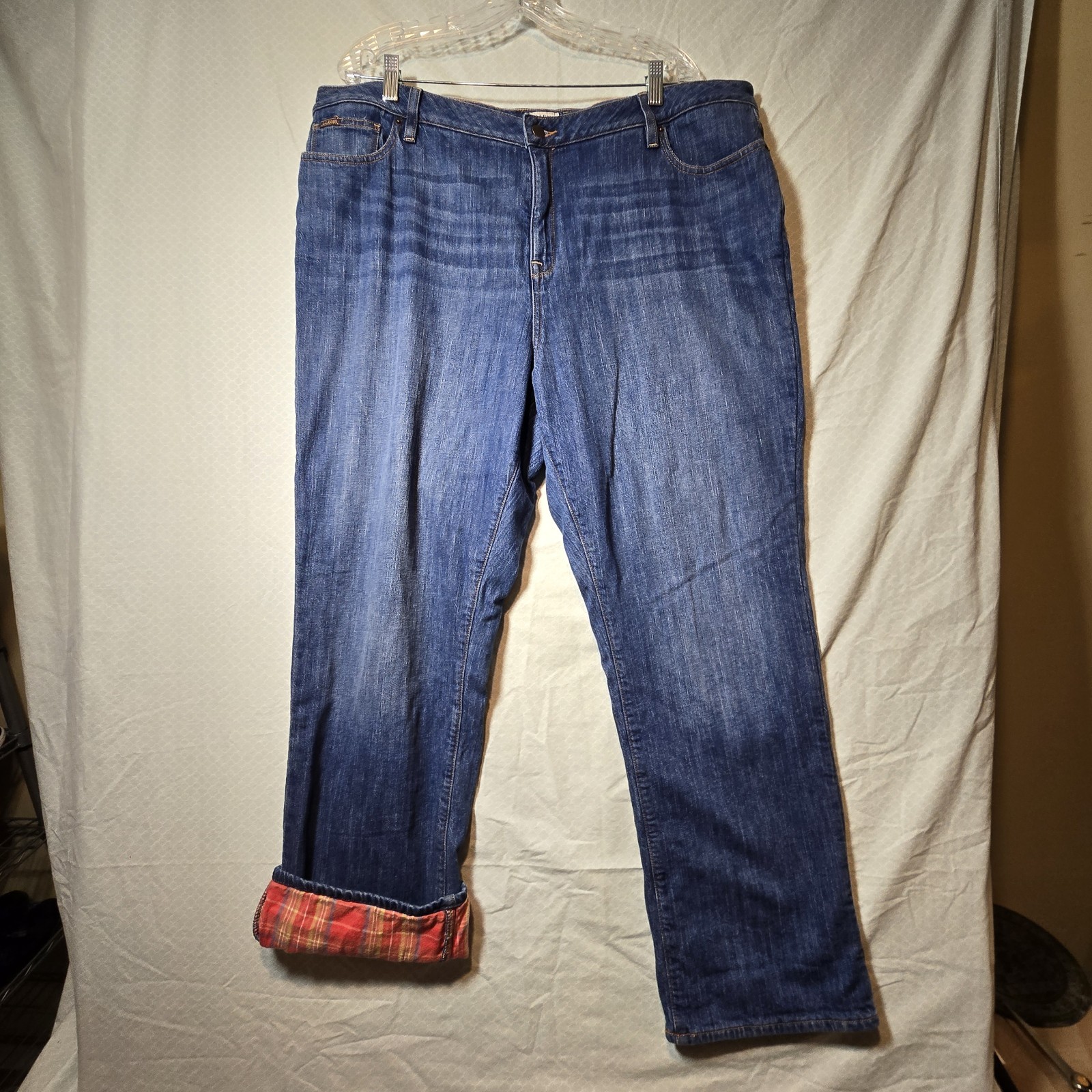 LL Bean Favorite Fit Flannel Lined Jeans Dark Blue Wash Plaid Womens Size 20