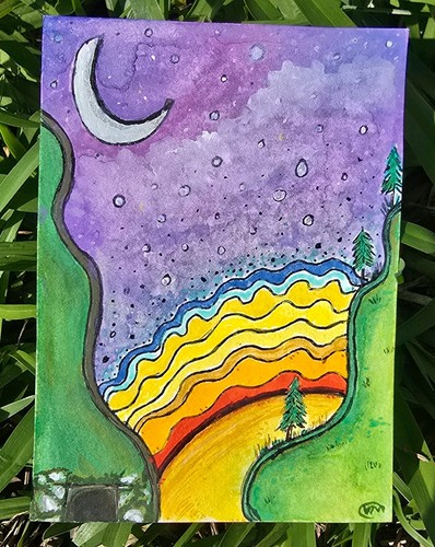 ACEO Original Signed FantasY Watercolor Ink BETWEEN EARTH AND STARS V.Mc