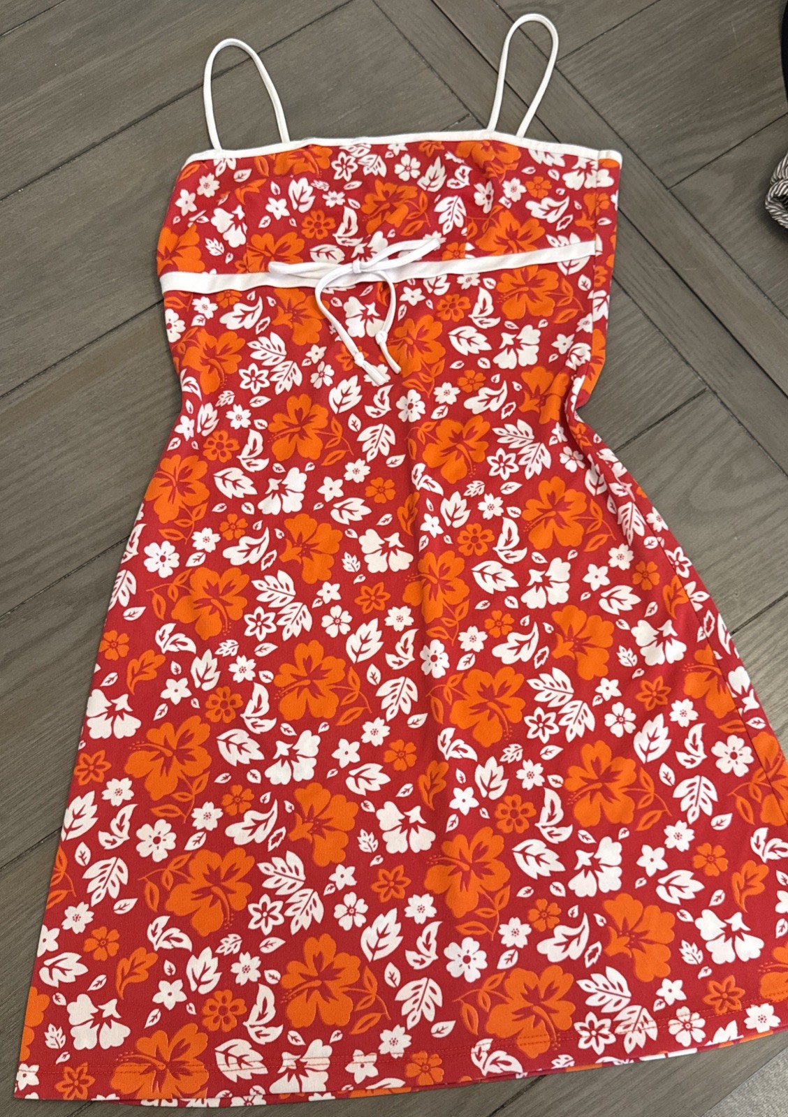 Vtg Y2K Orange Red Hibiscus White Floral Babydoll Dress Charlotte Russe S/M