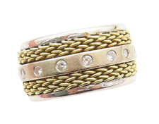 18K GOLD Vintage 1/4ct Genuine Diamonds Two Tone Chain Link Ring Sz 6 GR720