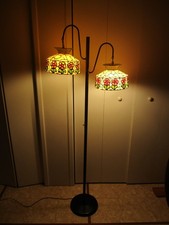 Vintage Mid-Century Two Light Floor Lamp Faux Stained Glass Shades Tiffany Style