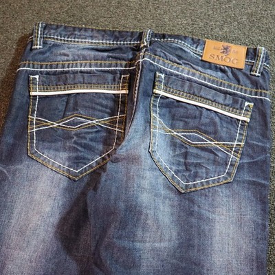 Smog Mens 35x34 Blue Jeans Distressed Contrast Stitch Y2k Vintage Grunge Punk
