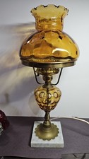Fenton Amber Coin Dot Glass Hurricane Student Table Lamp Marble Base GWTW 17.5"