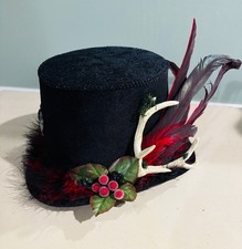 Handmade Black Top Hat Velvet with Red Feather Antler Berries Steampunk Gothic