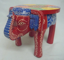 Ornamental Carved Wood Red Multi Elephant Stool Table Wooden Lamp Plant Stand