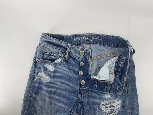 Jeans donna American Eagle Tomgirl con bottoni a mosca taglia 00 blu invecchiato 26X28 - Foto 3 di 12
