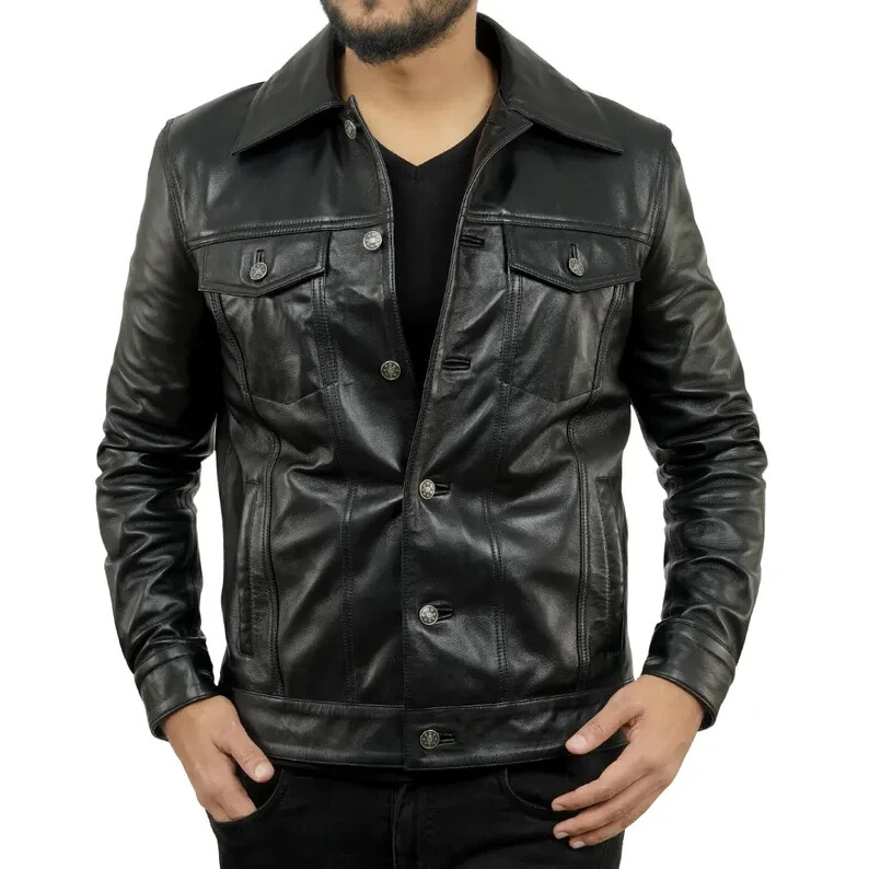 ALTRA Giacca uomo camionista pelle nera vera pelle di agnello classica anni 80 western giacche