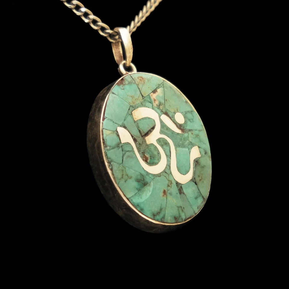 Ciondolo Amuleto Turchese 925 Argento OHM OM Buddismo Talismann Regalo Ovale - Immagine 2 di 3