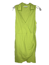 ZARA dress Women Small Neon Green Sleeveless Faux Wrap Collared V-Neck Ruching