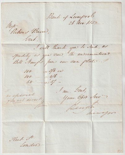 1832 BANK OF LIVERPOOL J? LANGTON TO PERKINS BACON LETTER ORDERING BILL STAMPS - Picture 2 of 2