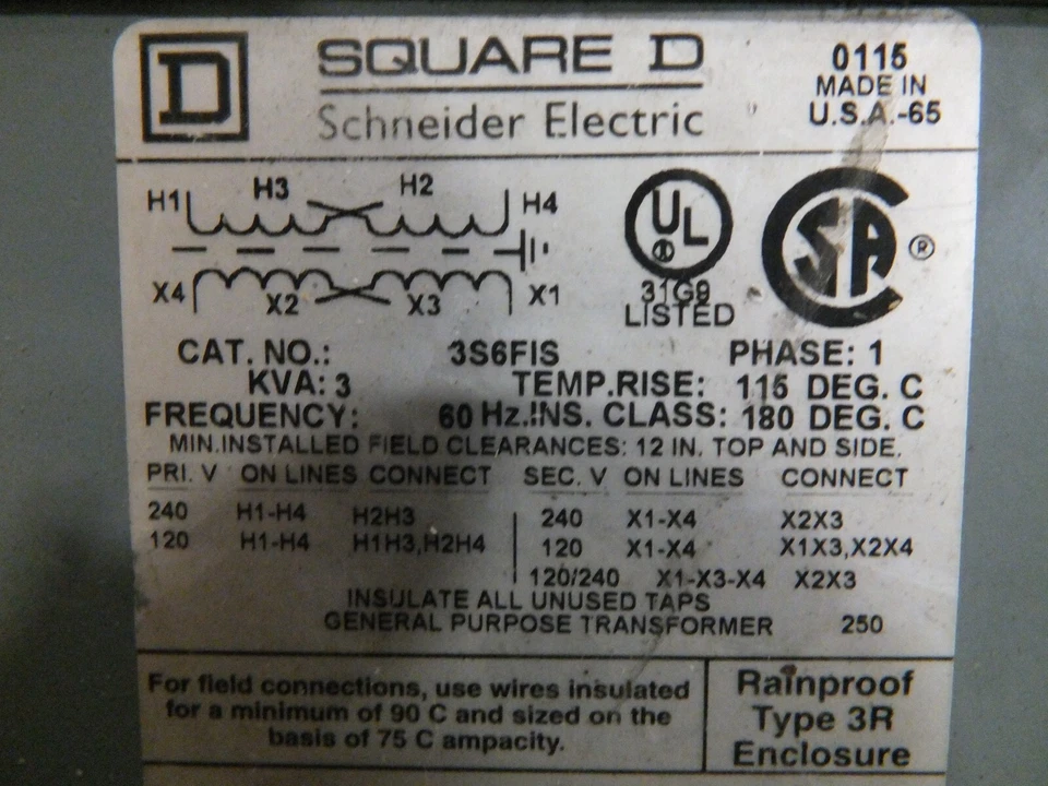 TRANSFORMADOR CUADRADO D CAT# 3S6F1S 3 kVA 1Ø PRIM: 240/120v SEC: 240/120v Foto 3 de 4