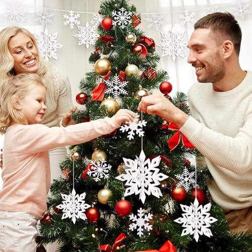 30pcs Hanging Snowflake Decorations, 3D Paper Snowflakes Ornaments, Large White - Picture 5 of 7