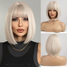 Short Charming Bob with Bangs Wigs for Women Natural Heat Resistant White Blonde