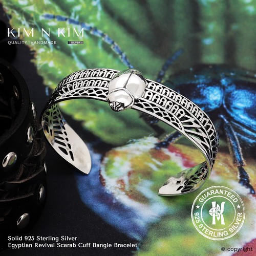 Egyptian Scarab Cuff Bangle Bracelet✔️Solid 925 Silver✔️Personalised✔️Quality - Picture 3 of 9