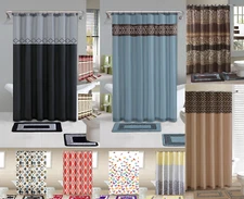 COMPLETE SET SHOWER CURTAIN W/HOOKS + BATHROOM MAT RUG NEW DESIGNS 15PC GRP 2
