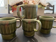 Vintage Green Stackable Coffee Cups, Mid century Made In Japan 4 Cups