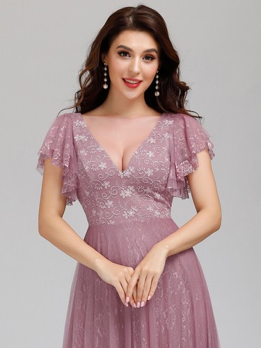 Women's Double V Neck Long Lace Evening Dress with Ruffle Sleeves (&Plus Size) - Picture 24 of 43