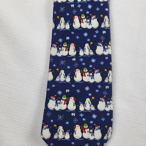 Talbots Kids Snowman NECKTIE TIE Boys Silk Blue White Christmas Holiday Winter - Picture 9 of 11