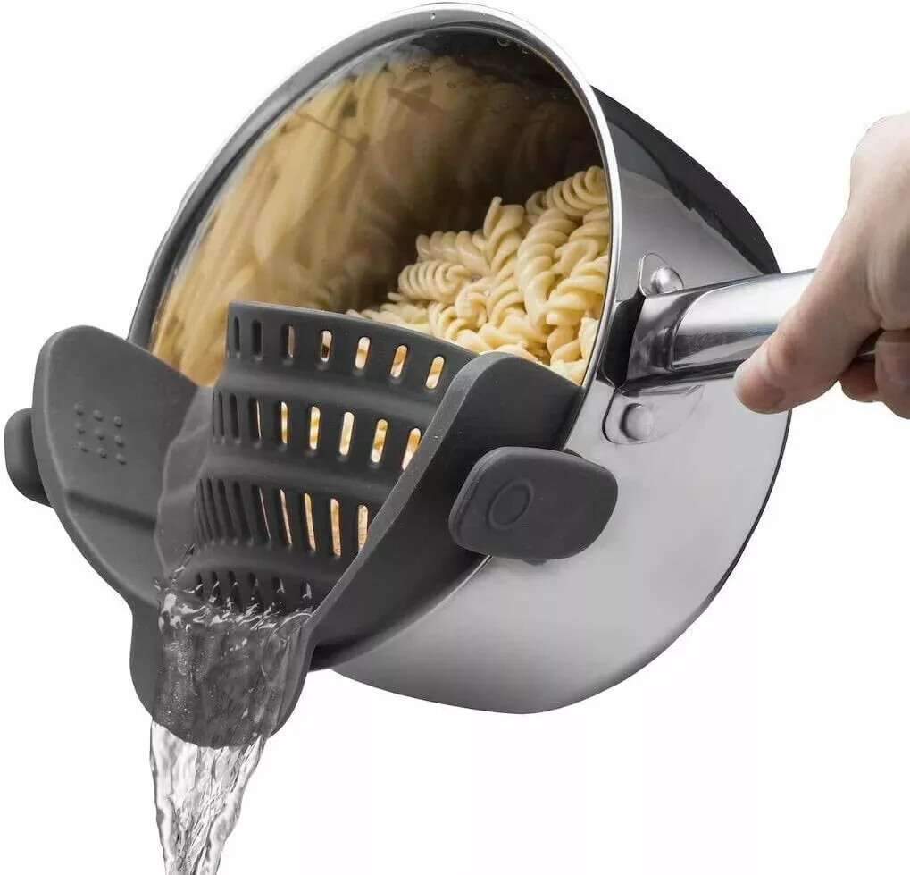 Silicone Snap N Strain Colander Heat Resistant Gray Kitchen Gizmo Clip On