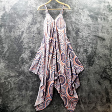 KATIES Womens Dress Size 10 Grey Blue Orange Sleeveless V-Neck Asymmetrical Midi