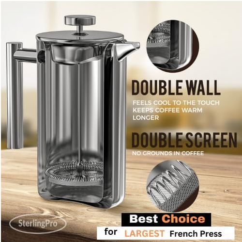 Kaffeemaschine (1,75 l) - Doppelwandige große Kaffeepresse mit 2 kostenlosen Filtern - Genießen - Bild 2 von 9