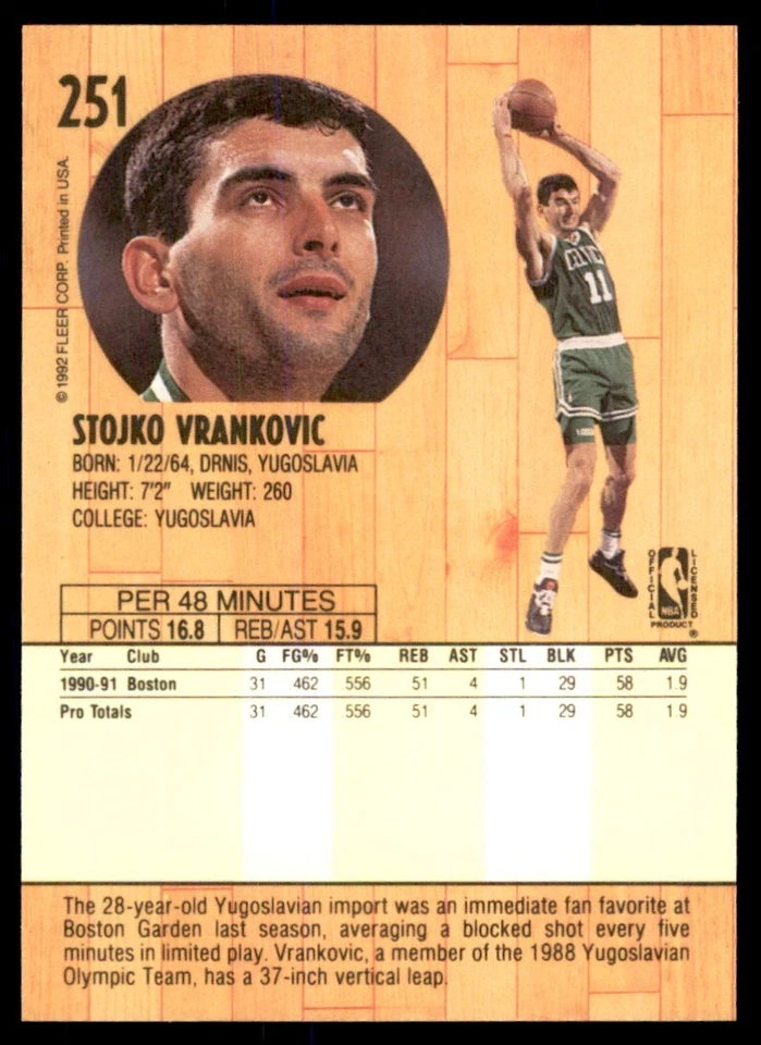 1991-92 FLEER STOJKO VRANKOVIC BOSTON CELTICS #251 - Image 2 of 2