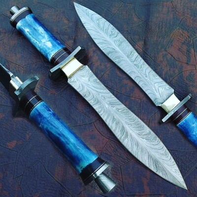 custom handmade Damascus steel feather pattern Double edge knife hunting daggers
