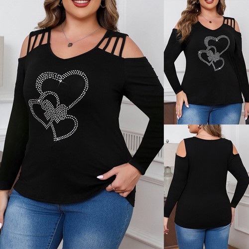 Sexy Women Cold Shoulder Hot Drill Tunic Tops Long Sleeve Casual T Shirt Blouse