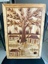 Vintage Large 24 1/4" x 16 1/4" Unframed Thin Inlay Wood Carved Village Picture