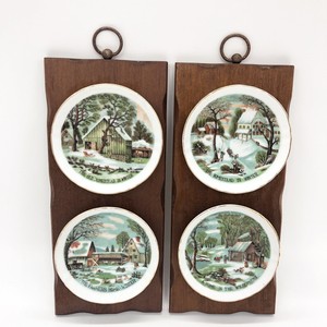 VTG-Currier-amp-Ives-Homestead-In-Winter-Collector-Plates-on-Wood-Plaques-Enesco