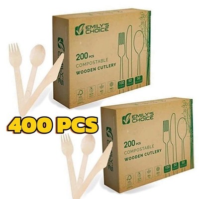 400 Pcs Disposable Cutlery, Forks Knives Spoons Combo Pack Utensils Compostable